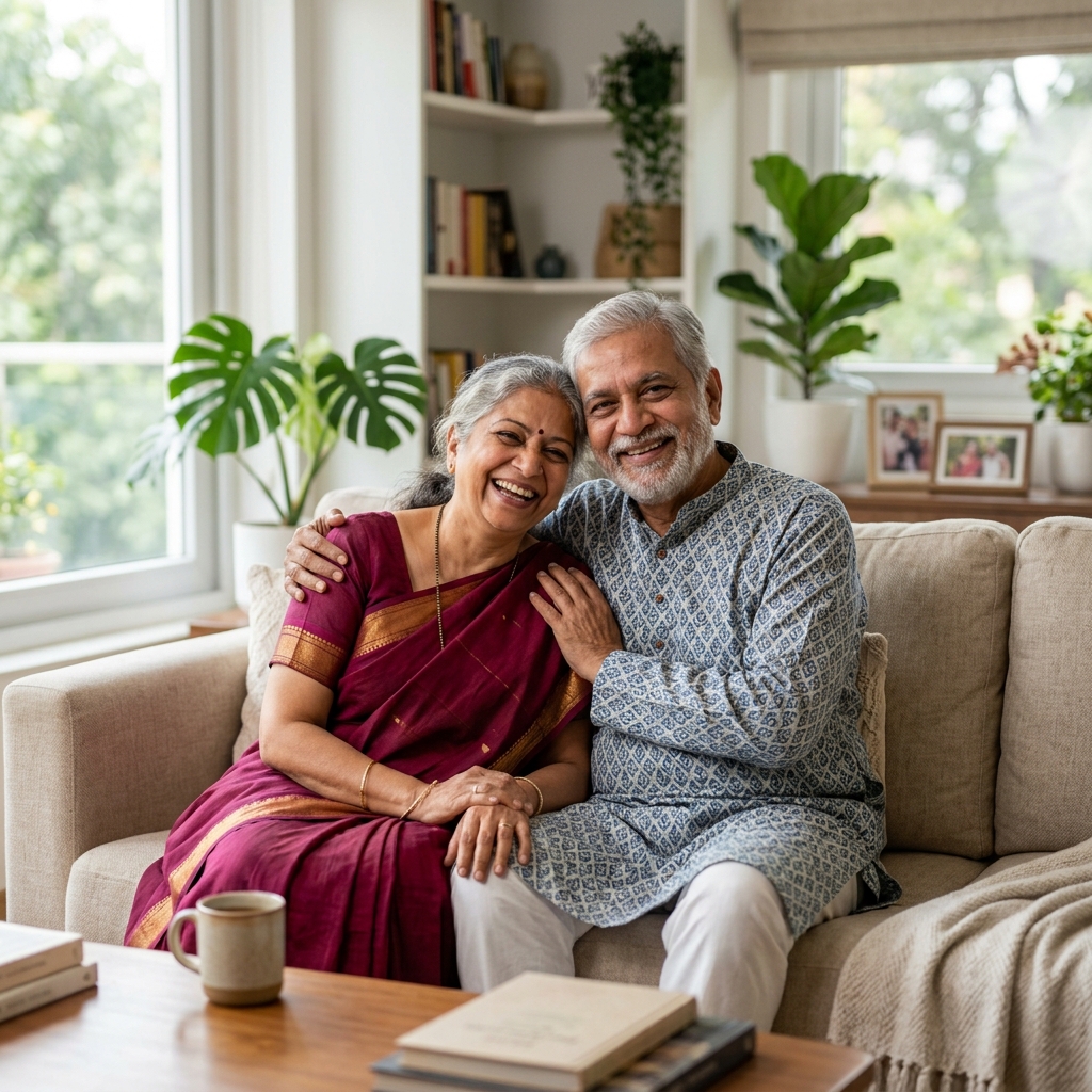 Happy elderly parents smiling